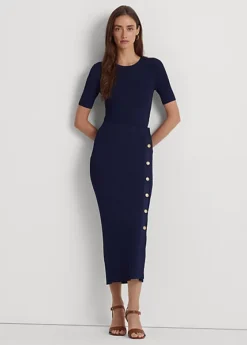 Button-Front Rib-Knit Midi Skirt