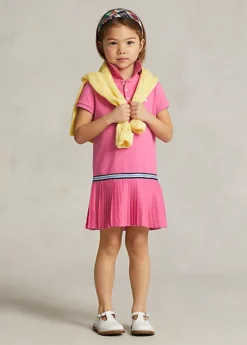 Pleated Stretch Mesh Polo Dress