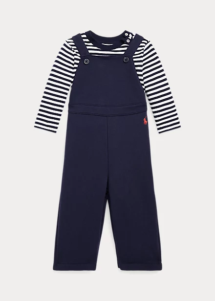 Striped Jersey Tee & Fleece Overall Set 1 Striped Jersey Tee & Fleece Overall Set