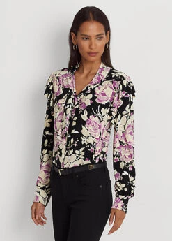 Floral Stretch Jersey Tie-Neck Top