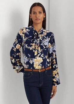 Floral Tie-Neck Stretch Jersey Top
