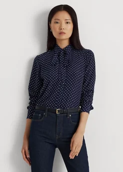Polka-Dot Tie-Neck Crepe Shirt